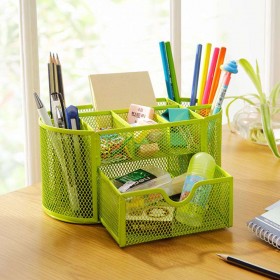 Desk Organizer 9 cells Metal Black Mesh Desktop Office Pen (Green)