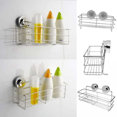 Stainless Steel Vacuum Suction Cup Kitchen Bath Shelf Storage Basket Rack