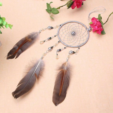 Silver Feathers Dreamcatcher Handmade Dream Catcher Net Wall Hanging Decor