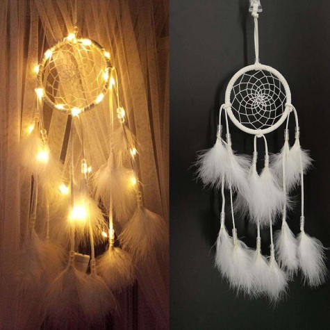 White Feather with Lamp Handmade Dreamcatcher Craft Dream Catcher Net Gift