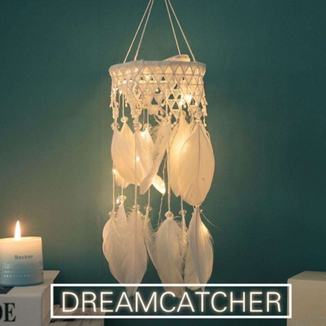 Handmade Wind Chimes Wall Hanging Pendant Feather Dreamcatcher with Lamp