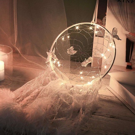 Feather Lace Webbing Dream Catcher Romantic Wall Hanging Decor with Light