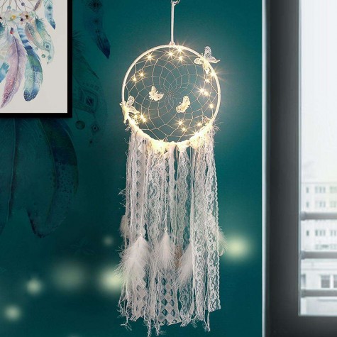 Feather Lace Webbing Dream Catcher Romantic Wall Hanging Decor with Light