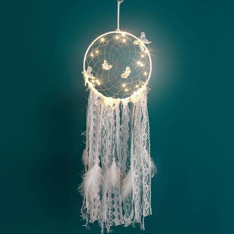 Feather Lace Webbing Dream Catcher Romantic Wall Hanging Decor with Light